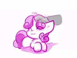 Size: 928x696 | Tagged: safe, artist:zutcha, derpibooru import, sweetie belle, pony, unicorn, :3, blushing, colored sketch, disembodied hand, eye clipping through hair, eyes closed, female, filly, foal, hand, image, jpeg, simple background, solo focus, white background