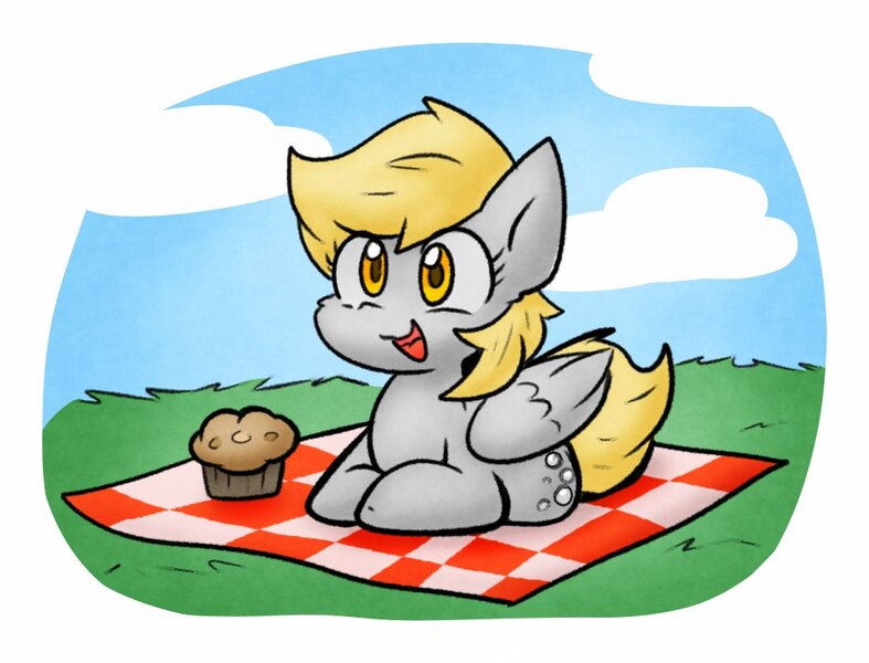 Size: 1033x788 | Tagged: safe, artist:zutcha, derpibooru import, derpy hooves, pegasus, pony, cloud, female, food, grass, image, jpeg, mare, muffin, open mouth, open smile, picnic blanket, smiling, solo