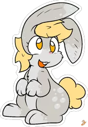 Size: 547x795 | Tagged: safe, artist:zutcha, derpibooru import, derpy hooves, rabbit, animal, bunnified, female, floppy ears, image, no pupils, open mouth, open smile, png, simple background, sitting, smiling, solo, species swap, transparent background