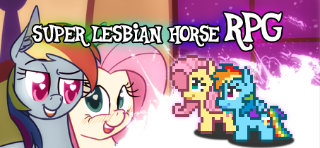 Size: 453x210 | Tagged: safe, derpibooru import, fluttershy, rainbow dash, pegasus, pony, super lesbian horse rpg, female, flutterdash, game, heart, heart eyes, image, lesbian, mare, multicolored hair, png, rainbow hair, rpg, shipping, smiling, text, wingding eyes