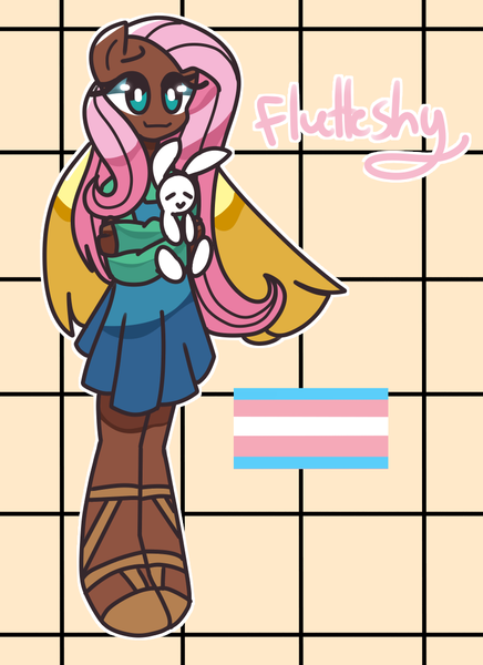 Size: 800x1100 | Tagged: safe, artist:burntlemonade, derpibooru import, angel bunny, fluttershy, human, rabbit, animal, clothes, cute, daaaaaaaaaaaw, dark skin, female, hug, humanized, image, png, pride, pride flag, sandals, shyabetes, skirt, solo, sweater, sweatershy, trans female, transgender, transgender pride flag, winged humanization, wings