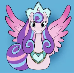 Size: 1979x1946 | Tagged: safe, artist:amynewblue, derpibooru import, princess flurry heart, alicorn, pony, adult flurry heart, crown, eyebrows, female, front view, heart, image, jewelry, jpeg, light blue background, looking at you, mare, older, older flurry heart, peytral, regalia, signature, simple background, smiling, smiling at you, solo, spread wings, wings