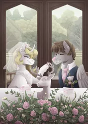 Size: 3507x4960 | Tagged: safe, artist:kikirdcz, derpibooru import, oc, unnamed oc, unofficial characters only, deer, pegasus, pony, unicorn, absurd resolution, duo, duo male and female, female, flower, grin, horn, image, male, mare, marriage, oc x oc, pegasus oc, png, shipping, smiling, statue, straight, unicorn oc, wedding, wings