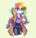 Size: 3916x4096 | Tagged: safe, artist:saxopi, derpibooru import, oc, unofficial characters only, semi-anthro, unicorn, bag, beautiful hair, chest fluff, clothes, coffee, coffee cup, commission, cup, eyebrows, eyebrows visible through hair, eyelashes, female, high res, horn, image, jpeg, multicolored hair, multicolored mane, pants, plastic cup, shirt, simple background, smiling, solo, unicorn oc, white coat