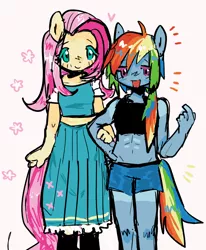 Size: 1280x1552 | Tagged: safe, artist:pxunii, derpibooru import, fluttershy, rainbow dash, anthro, abs, clothes, cutie mark, duo, female, fingers, flower, heart, image, linked arms, long skirt, midriff, open mouth, open smile, pants, png, ponytail, shirt, shorts, simple background, skirt, smiling, tanktop, white background