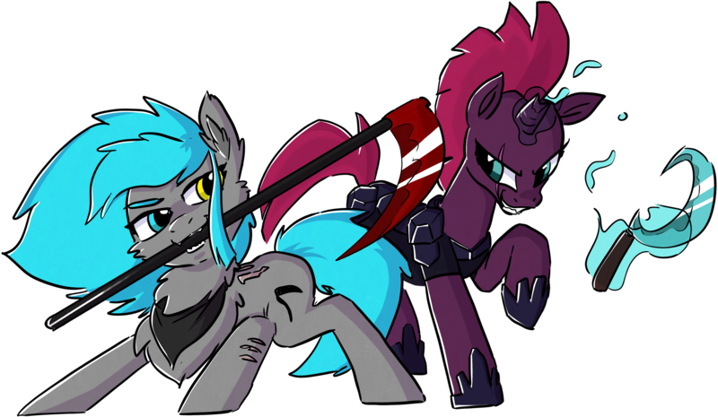 Size: 4900x2850 | Tagged: safe, artist:sorajona, artist:thewag, derpibooru import, fizzlepop berrytwist, tempest shadow, oc, oc:sorajona, pegasus, pony, unicorn, my little pony: the movie, armor, canon x oc, chest fluff, clothes, collaboration, cute, cutie mark, female, heterochromia, image, looking at each other, looking at someone, mare, neckerchief, png, scar, scarf, scene hair, scythe, simple background, smiling, smirk, tail, teamwork, tempestbetes, transparent background, wingless