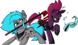 Size: 4900x2850 | Tagged: safe, artist:sorajona, artist:thewag, derpibooru import, fizzlepop berrytwist, tempest shadow, oc, oc:sorajona, pegasus, pony, unicorn, my little pony: the movie, armor, canon x oc, chest fluff, clothes, collaboration, cute, cutie mark, female, heterochromia, image, looking at each other, looking at someone, mare, neckerchief, png, scar, scarf, scene hair, scythe, simple background, smiling, smirk, tail, teamwork, tempestbetes, transparent background, wingless