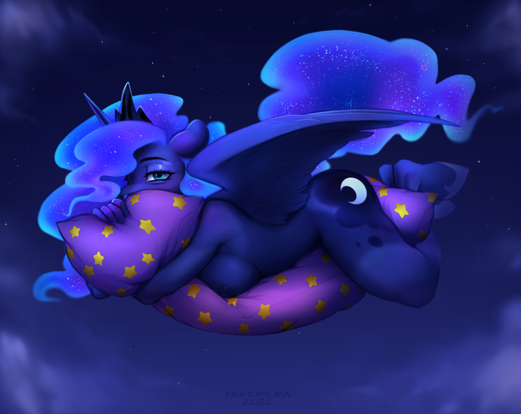 Size: 3254x2587 | Tagged: explicit, artist:muhomora, derpibooru import, princess luna, alicorn, anthro, unguligrade anthro, big breasts, breasts, female, hug, image, lidded eyes, looking at you, pillow, pillow hug, png, sleepy, solo, solo female, spread wings, stars, tired, wings