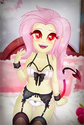 Size: 677x1016 | Tagged: suggestive, artist:charliexe, derpibooru import, fluttershy, bat pony, succubus, equestria girls, apple, bat ponified, bed, blushing, breasts, busty fluttershy, clothes, flutterbat, food, garter belt, image, jpeg, lingerie, looking at you, open mouth, pillow, race swap, red eyes, socks, stockings, stupid sexy fluttershy, thigh highs, underwear