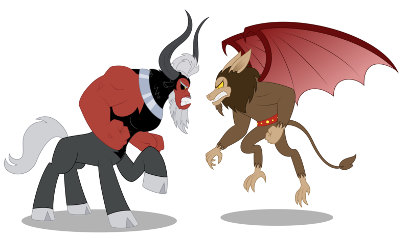 Size: 1920x1121 | Tagged: safe, artist:aleximusprime, derpibooru import, lord tirek, scorpan, centaur, gargoyle, taur, flurry heart's story, angry, bat wings, belt, brothers, clenched fist, fanfic art, final form, flying, gritted teeth, horns, image, male, nose piercing, nose ring, piercing, png, prehensile tail, ready to fight, siblings, stare down, tail, teeth, tirek vs scorpan, wings