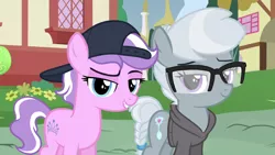 Size: 1280x720 | Tagged: safe, alternate version, derpibooru import, edit, edited screencap, editor:deserter, screencap, diamond tiara, silver spoon, earth pony, pony, alternate hairstyle, backwards ballcap, baseball cap, cap, clothes, ear piercing, earring, female, filly, foal, glasses, hat, hoodie, image, jewelry, lidded eyes, looking at you, piercing, png, smiling, smirk, tomboy