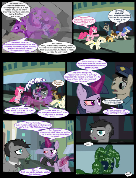 Size: 1042x1358 | Tagged: semi-grimdark, artist:dendoctor, derpibooru import, doctor whooves, mean twilight sparkle, pinkie pie, time turner, twilight sparkle, twilight sparkle (alicorn), alicorn, earth pony, pegasus, pony, unicorn, comic:clone.., alternate universe, bone, clone, comic, discord whooves, discorded whooves, female, glow, glowing horn, homunculus, horn, image, injured, jpeg, magic, male, pinkie clone, shield, teleportation, the doctor