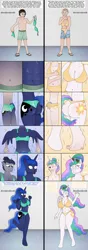 Size: 2467x6973 | Tagged: suggestive, artist:axiomtf, artist:tf-plaza, derpibooru import, princess celestia, princess luna, alicorn, anthro, human, abs, big breasts, bikini, bra, breast expansion, breasts, butt, clothes, female, growth, hooves, horn, human to pony, image, large butt, mental shift, moonbutt, muscles, muscular female, panties, png, royal sisters, sandals, shirt, shocked, shocked expression, shoes, shorts, siblings, sisters, sunbutt, sunglasses, swearing, swimsuit, transformation, underwear, vulgar, wide hips, wings