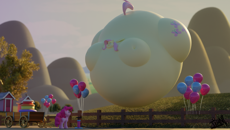 Size: 1940x1100 | Tagged: questionable, artist:jiant101, derpibooru import, fluttershy, pinkie pie, earth pony, pegasus, pony, 3d, air inflation, air pump, balloon, bingo wings, blender, cake, duo, female, fence, floating, food, image, inflation, outdoors, png, puffy cheeks, spherical inflation, wagon