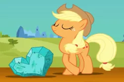 Size: 506x333 | Tagged: safe, artist:futzi01, derpibooru import, applejack, earth pony, pony, applejack's hat, cowboy hat, crystal, crystal empire, eyes closed, female, hat, heart, image, jpeg, mare, smiling