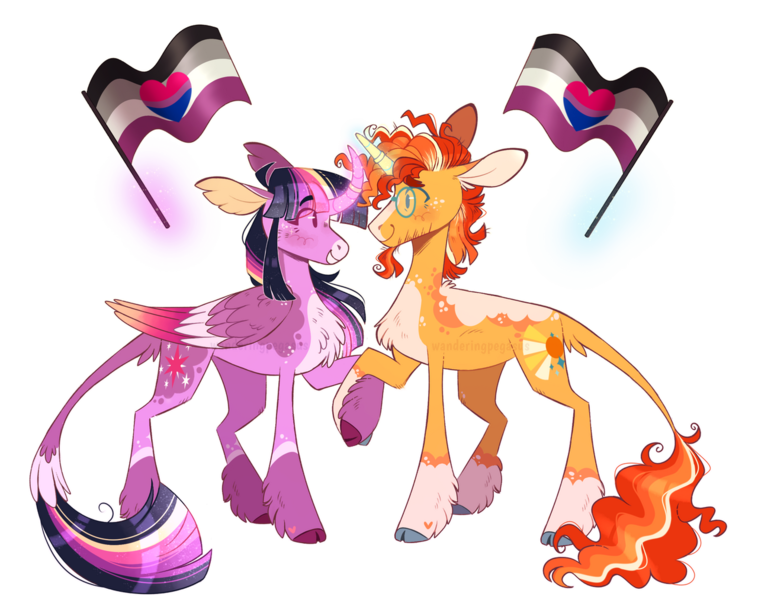 Size: 1280x1013 | Tagged: safe, artist:wanderingpegasus, derpibooru import, sunburst, twilight sparkle, twilight sparkle (alicorn), alicorn, pony, unicorn, alternate hairstyle, asexual, asexual pride flag, bisexual pride flag, blushing, curved horn, cute, duo, facial hair, female, freckles, glow, glowing horn, goatee, horn, image, leonine tail, levitation, looking at each other, looking at someone, magic, male, mare, markings, mouthpiece, png, pride, pride flag, pride month, raised hoof, redesign, shipping, simple background, size difference, stallion, straight, sunbetes, tail, telekinesis, transparent background, twiabetes, twiburst, twitterina design, unshorn fetlocks