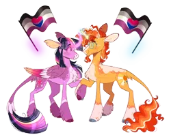 Size: 1280x1013 | Tagged: safe, artist:wanderingpegasus, derpibooru import, sunburst, twilight sparkle, twilight sparkle (alicorn), alicorn, pony, unicorn, alternate hairstyle, asexual, asexual pride flag, bisexual pride flag, blushing, curved horn, cute, duo, facial hair, female, freckles, glow, glowing horn, goatee, horn, image, leonine tail, levitation, looking at each other, looking at someone, magic, male, mare, markings, png, pride, pride flag, pride month, raised hoof, redesign, shipping, simple background, size difference, stallion, straight, sunbetes, tail, telekinesis, transparent background, twiabetes, twiburst, unshorn fetlocks