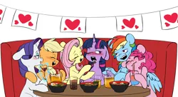 Size: 5859x3182 | Tagged: safe, artist:chub-wub, derpibooru import, applejack, fluttershy, pinkie pie, rainbow dash, rarity, twilight sparkle, twilight sparkle (alicorn), alicorn, earth pony, pegasus, pony, unicorn, applejack's hat, blushing, cowboy hat, date, drink, eating, female, food, hat, hig, image, jpeg, lesbian, mane six, mare, noodles, omniship, pinkiedash, polyamory, ramen, rarijack, shipping, soda, table, twishy