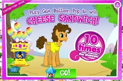 Size: 437x288 | Tagged: safe, derpibooru import, cheese sandwich, princess celestia, alicorn, earth pony, pony, balloon, balloon pop, booth, clothes, female, game, gameloft, gem, image, male, mare, png, shirt, smiling, sparkles, stallion, text