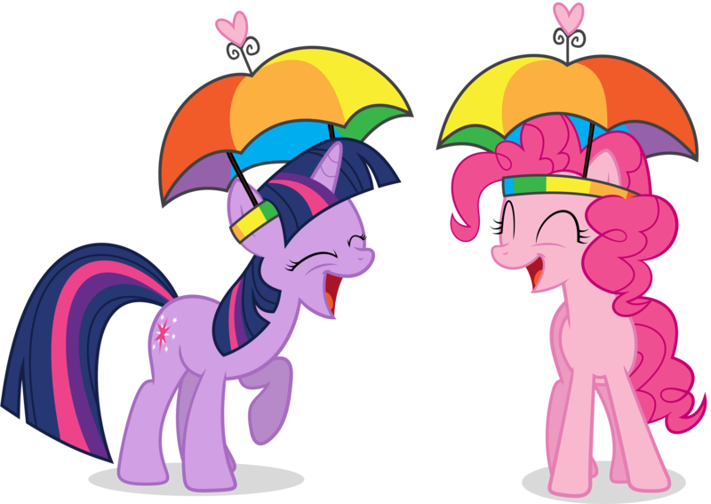 Size: 2909x2062 | Tagged: safe, artist:goblinengineer, derpibooru import, pinkie pie, twilight sparkle, earth pony, pony, unicorn, feeling pinkie keen, season 1, .ai available, duo, duo female, eyes closed, female, hat, high res, image, mare, png, simple background, transparent background, umbrella hat, unicorn twilight, vector