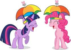 Size: 2909x2062 | Tagged: safe, artist:goblinengineer, derpibooru import, pinkie pie, twilight sparkle, earth pony, pony, unicorn, feeling pinkie keen, season 1, .ai available, duo, duo female, eyes closed, female, hat, high res, image, mare, png, simple background, transparent background, umbrella hat, unicorn twilight, vector
