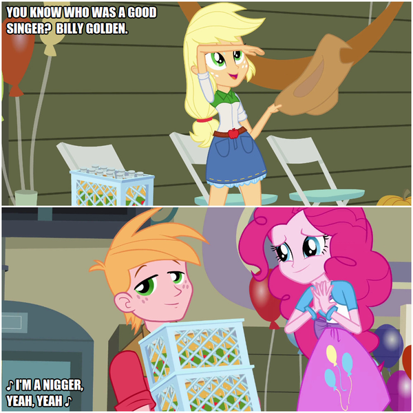 Size: 1000x1000 | Tagged: safe, artist:thor-disciple, derpibooru import, screencap, applejack, big macintosh, pinkie pie, human, equestria girls, billy golden, caption, image, image macro, png, racism, text, vulgar