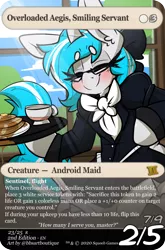 Size: 880x1335 | Tagged: safe, artist:bbsartboutique, derpibooru import, oc, oc:overloaded aegis, unofficial characters only, pony, robot, robot pony, semi-anthro, card, clothes, female, food, glasses, image, maid, pancakes, png, solo