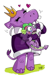Size: 800x1201 | Tagged: safe, artist:tanichan, derpibooru import, queen of the hippos, spike, dragon, hippopotamus, my little pony: the movie, asphyxiation, crown, cute, deviantart watermark, dialogue, eyelashes, eyes closed, female, floating heart, green eyes, hape, heart, hug, image, jewelry, kiss mark, lipstick, male, obtrusive watermark, one eye closed, open mouth, personal space invasion, png, regalia, ruff (clothing), simple background, smiling, suffocating, tail, transparent background, watermark
