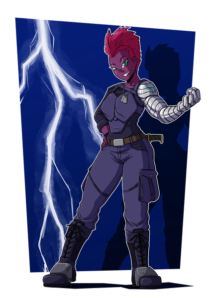 Size: 2481x3508 | Tagged: safe, artist:new-ereon, derpibooru import, tempest shadow, equestria girls, amputee, crossover, equestria girls-ified, female, high res, image, jpeg, lightning, marvel, prosthetic arm, prosthetic limb, prosthetics, solo, winter soldier