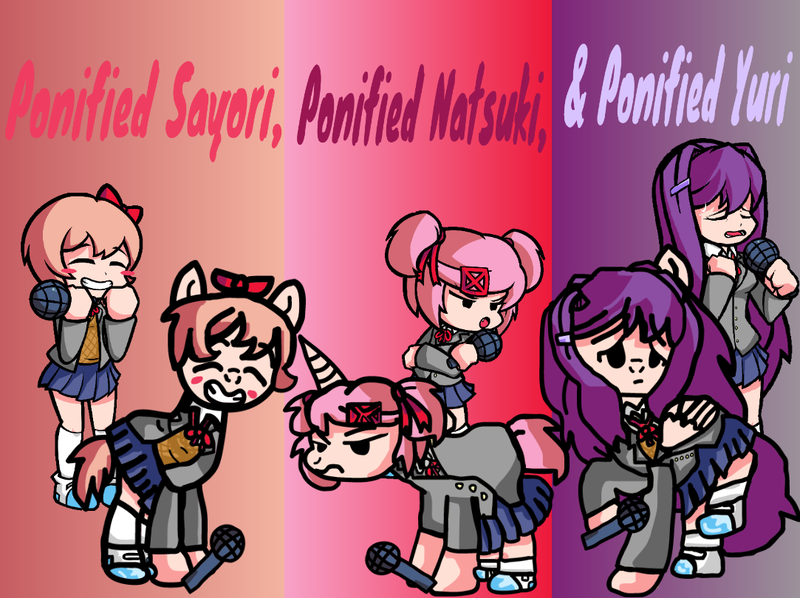 Size: 1083x810 | Tagged: safe, artist:joelleart13, derpibooru import, ponified, earth pony, human, pegasus, pony, unicorn, bow, clothes, crossover, doki doki literature club, eyes closed, female, friday night funkin', frown, gradient background, hair bow, hair bun, horn, image, mare, microphone, natsuki, pigtails, png, raised hoof, sayori, scared, shoes, skirt, smiling, unamused, wings, yuri (ddlc)