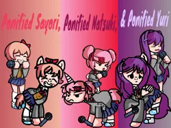 Size: 1083x810 | Tagged: safe, artist:joelleart13, derpibooru import, ponified, earth pony, human, pegasus, pony, unicorn, bow, clothes, crossover, doki doki literature club, eyes closed, female, friday night funkin', frown, gradient background, hair bow, hair bun, horn, image, mare, microphone, natsuki, pigtails, png, raised hoof, sayori, scared, shoes, skirt, smiling, unamused, wings, yuri (ddlc)