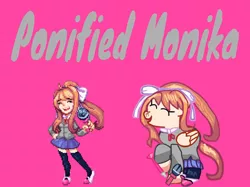 Size: 1033x774 | Tagged: safe, artist:joelleart13, derpibooru import, ponified, human, pegasus, pony, bow, clothes, crossover, doki doki literature club, eyes closed, female, friday night funkin', hair bow, image, jpeg, mare, microphone, monika, pink background, ponytail, raised hoof, simple background, skirt, smiling, text, wings