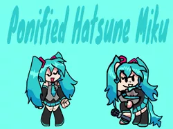 Size: 1119x839 | Tagged: safe, artist:joelleart13, derpibooru import, ponified, earth pony, human, pony, blue background, boots, clothes, crossover, eyes closed, female, hatsune miku, image, mare, microphone, necktie, pigtails, png, raised hoof, shoes, simple background, skirt, smiling, text, vocaloid