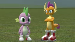 Size: 1280x720 | Tagged: safe, artist:ponygamer2020, artist:ponygamersfm, derpibooru import, smolder, spike, dragon, 3d, amy rose, boots, clothes, clothes swap, crossed arms, crossover, dragons wearing clothes, duo, image, jpeg, looking at you, miles "tails" prower, shoes, smiling, smiling at you, sneakers, sonic the hedgehog (series), source filmmaker