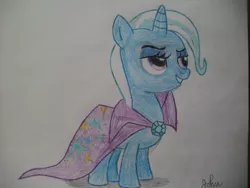 Size: 2828x2121 | Tagged: safe, artist:johnmarkee1995, derpibooru import, trixie, pony, unicorn, 2013, cape, clothes, female, high res, image, jpeg, mare, simple background, solo, traditional art, trixie's cape, white background