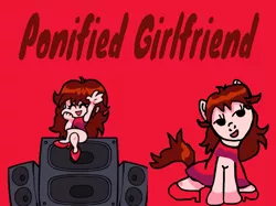 Size: 1118x835 | Tagged: safe, artist:joelleart13, derpibooru import, ponified, earth pony, human, pony, clothes, crossover, dress, eyes closed, female, friday night funkin', girlfriend, image, mare, png, raised hand, red background, simple background, sitting, slippers, smiling, speaker, text