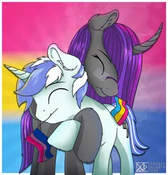 Size: 2073x2160 | Tagged: safe, artist:etheria galaxia, derpibooru import, oc, unofficial characters only, alicorn, pony, unicorn, alicorn oc, bisexual pride flag, couple, curved horn, cute, duo, ear fluff, female, horn, hug, image, lgbt, male, mare, pansexual pride flag, png, pride, pride flag, stallion, straight, tail, unicorn oc, wings