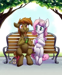 Size: 1490x1800 | Tagged: safe, artist:tsitra360, derpibooru import, button mash, sweetie belle, earth pony, pony, unicorn, bench, bubble tea, drinking, drinking straw, female, image, jpeg, male, older, older button mash, older sweetie belle, satchel, shipping, sitting, straight, sweetiemash