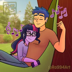 Size: 2880x2880 | Tagged: safe, artist:ro994, derpibooru import, flash sentry, sci-twi, twilight sparkle, equestria girls, cuddling, earbuds, eyes closed, female, flashlight, glasses, hammock, image, jpeg, loose hair, male, mobile phone, music notes, phone, sciflash, shipping, smartphone, smiling, straight
