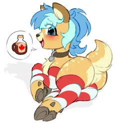 Size: 633x661 | Tagged: safe, artist:chimemaplewood, derpibooru import, oc, oc:chime, deer, deer pony, original species, blue hair, blushing, butt, clothes, cloven hooves, collar, cute, deer oc, female, fluffy tail, image, jpeg, leg warmers, maple syrup, ocbetes, plot, socks, striped socks, tail