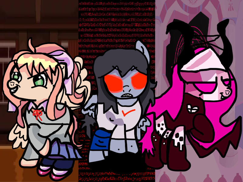 Size: 1120x838 | Tagged: safe, artist:joelleart13, derpibooru import, ponified, demon, demon pony, earth pony, original species, pegasus, pony, angry, bow, clothes, crossover, doki doki literature club, evil, fangs, friday night funkin', frown, hair bow, image, monika, png, ponytail, raised hoof, red eyes, sarvente, shirt, shoes, skirt, sky (friday night funkin'), smiling, spread wings, wings