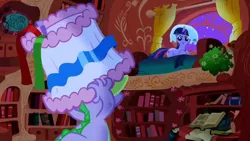 Size: 1192x670 | Tagged: safe, derpibooru import, spike, twilight sparkle, dragon, pony, unicorn, friendship is magic, season 1, angry, bed, bedroom, book, bookshelf, curtains, female, golden oaks library, hat, horn, image, jpeg, lampshade, lampshade hat, library, lying down, male, mare, night, pillow, pillow hat, prone, stars, unicorn twilight, window, youtube link