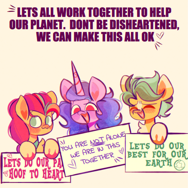 Size: 2048x2048 | Tagged: safe, artist:sockiepuppetry, derpibooru import, hitch trailblazer, izzy moonbow, sunny starscout, earth pony, pony, unicorn, climate change, earth, female, g5, image, male, mare, mouthpiece, png, sign, simple background, smiling, stallion, text