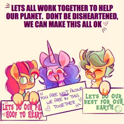 Size: 2048x2048 | Tagged: safe, artist:sockiepuppetry, derpibooru import, hitch trailblazer, izzy moonbow, sunny starscout, earth pony, pony, unicorn, climate change, earth, female, g5, image, male, mare, mouthpiece, png, sign, simple background, smiling, stallion, text