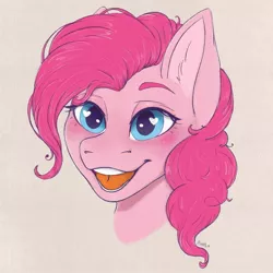 Size: 1200x1200 | Tagged: safe, artist:bellfa, derpibooru import, oc, oc:pinkie pie, unofficial characters only, pony, blue eyes, bust, commission, curly hair, eyelashes, female, image, jpeg, looking at you, open mouth, original art, pink hair, portrait, simple background, smiling, smiling at you, solo, solo female, wide eyes, ych result