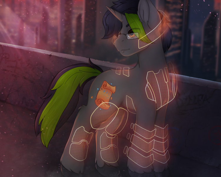 Size: 5050x4032 | Tagged: safe, artist:bellfa, derpibooru import, oc, oc:fireheart, unofficial characters only, pony, armor, armored pony, brown eyes, commission, cutie mark, cyberpunk, ear fluff, full body, glasses, green hair, hair over one eye, high res, horn, image, looking back, male, mass effect, original art, png, solo, solo male, tech armor, ych result