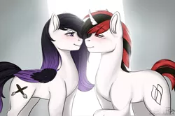 Size: 4050x2688 | Tagged: safe, artist:bellfa, derpibooru import, oc, oc:vapor mist, oc:velvet, pony, commission, couple, cutie mark, eyelashes, female, gradient hair, high res, horn, image, looking at each other, looking at someone, love, male, original art, png, purple eyes, purple hair, raised leg, red eyes, red hair, simple background, smiling, smiling at each other, wings, ych result