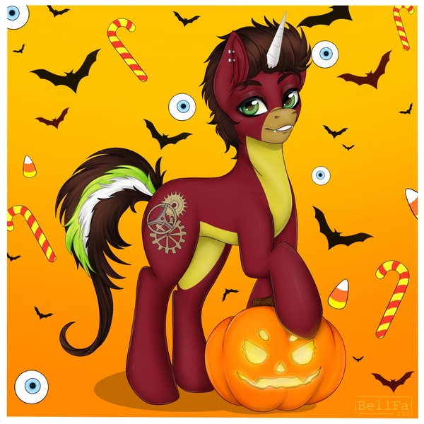Size: 1600x1600 | Tagged: safe, artist:bellfa, derpibooru import, oc, unofficial characters only, pony, brown hair, commission, cutie mark, ear piercing, fangs, female, full body, green eyes, halloween, high res, holiday, horn, image, jpeg, looking at you, original art, piercing, pumpkin, raised leg, smiling, smiling at you, solo, solo female, ych result