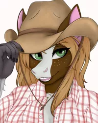 Size: 4032x5050 | Tagged: safe, artist:bellfa, derpibooru import, oc, unofficial characters only, anthro, brown hair, bust, clothes, commission, cowboy hat, eyelashes, female, freckles, green eyes, hat, high res, image, looking at you, open mouth, original art, png, portrait, shirt, simple background, smiling, smiling at you, solo, solo female, ych result