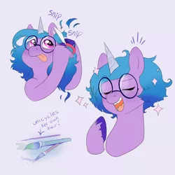 Size: 2048x2048 | Tagged: safe, artist:aztrial, derpibooru import, izzy moonbow, pony, bust, female, filly, foal, g5, glasses, haircut, image, new hairstyle, png, scissors, unicycling, younger